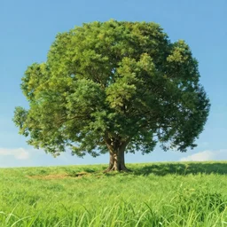 big single tree in a field of grass, direct sunlight, detailed, sharp focus, by studio ghibli and kazuo oga