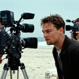 a wide angle movie still from the matrix 1 9 9 9 showing leonardo dicaprio fighting neo on the beach, close - up face, shot on celluloid with panavision cameras, panavision lenses, 3 5 mm film negative width, anamorphic projection format, critically acclaimed, oscar winning practical effects