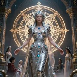 a mystical goddess woman covered in silver and gemstones surrounded by sacred geometry made from elven architecture, full body, perfect face, powerful, cinematic, beautifully lit, in the style of noah bradley and donato giancola and tomasz alen kopera and fenghua zhong and peter mohrbacher, mystical colors, rim light, beautiful lighting, 8 k, stunning scene, raytracing, octane, trending on artstation, sharp focus, intricate, masterpiece, 8 k