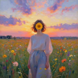 woman with a flower face standing in flower field, surreal painting, sunrise, impressionism, colorful clouds, artstation, simon stalenhag
