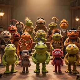 wide view long cinematic shot, various characters from the muppets, as funko pop, warm lighting, photorealistic, realistic, detailed, 2 4 mm, 8 k