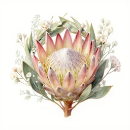 protea flower crown on a white background, king protea surrounded by small delicate flowers and small leaves, soft painting