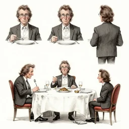 cartoonish peter capaldi eating dinner, character sheet, fine details, concept design, contrast, kim jung gi, greg rutkowski, trending on artstation, 8 k, full body, turnaround, front view, back view, ultra wide angle