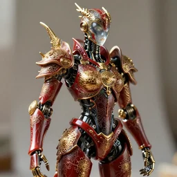 complex 3 d render of a beautiful porcelain robot - witcher warrior steampunk. red gold and black, fractal veins. dragon cyborg, 1 5 0 mm, beautiful natural soft light, rim light, gold fractal details, fine lace, mandelbot fractal, anatomical, glass, facial muscles, elegant, ultra detailed, metallic armor, octane render, depth of field