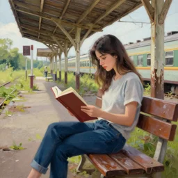 a beautiful girl sitting on a bench reading at an abandoned overgrown train station, old train station, establishing shot, oil painting. wlop, art by rossdraws, art by ross tran, art by bluesssatan, detailed artwork, manga cover artowork,