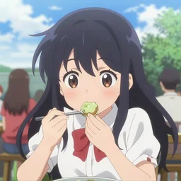 kawaii girl eating anime, behind is anime heaven, epic cinematic still, dynamic perspective, anime style, beautiful volumetric light