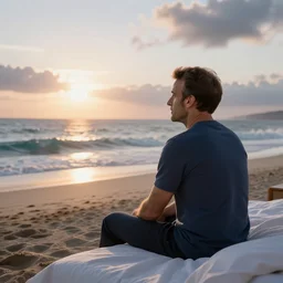 Emmanuel Macron head sitting on the bed looking to the sea at sunrise, concept art, octane render, unreal engine 5, trending on Artstation, high quality, highly detailed, 8K, soft lighting, godrays, path tracing, serene landscape, turbulent sea, high coherence, anatomically correct, hyperrealistic, sand, beautiful landscape, cinematic, clouds in the sky