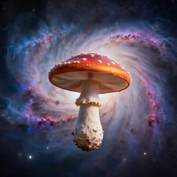mushroom man floating by the crab nebula, realistic, 4 k, high fidelity, colorful