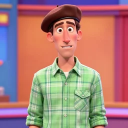 extremely detailed illustration of a thin guy with a big nose and an overbite wearing a brown beret and a palid green plaid shirt stand up participating on a tv show, coloful, vibrant colors, symmetrical, anatomically correct, Trending on Artstation, HQ, deviantart, hdr, volumetric lighting, high details, SSS, pixar style