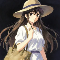 a woman with long hair and a hat holding a bag, a detailed painting by sawa sekkyo, featured on pixiv, magical realism, official art, pixiv, anime