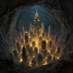 subterranean brightly lit megacity in an enormous dark cave, Matte Painting, Fine Art, Oil Paint, landscape, Cinematic, Dramatic, 3-Dimensional, Art station, Octane render