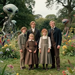 sharp, highly detailed, 435456k film, 1612800mm film still from a sci fi blockbuster color movie made in 2019, set in 1860, of a family standing in a park, next to some strange alien plants and flowers, on an alien planet, the family are all wearing 1860s era clothes, good lighting, good photography, ultra high definition, in focus