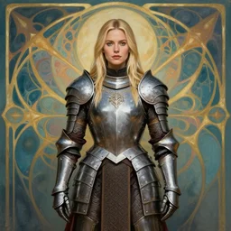 masterpiece symmetrical centered painted portrait, Elisha Cuthbert as a RPG warrior, fully clothed, ornate metal armour, abstract fractal art nouveau backdrop, blonde hair, Pre raphaelite art style, gothic, victorian, elegant, distant, in the style of Edgar Maxence and Ross Tran and Zdzisław Beksiński and Gustave Doré and Michael Whelan and and Mucha, specular highlights, 8k, Octane Render