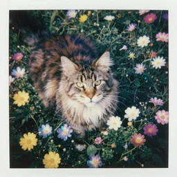 a giant maine coon head resting in a field of multicolored iridescent flowers, polaroid, 1 9 8 0 s, motion blur, bioluminescent, grainy, expired film, aerial view