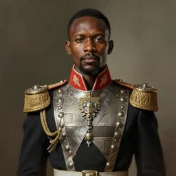 portrait of an south african man wearing a traditional nineteenth century south african empire military uniform, metal shoulder pauldrons, intricate, highly detailed, digital painting, artstation, concept art, sharp focus, cinematic lighting, illustration, art by artgerm and greg rutkowski, alphonse mucha, cgsociety