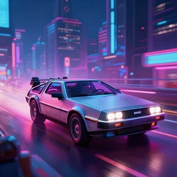 delorean in a cyperpunk city, volumetric lighting, neon colors, glow, trending on artstation, focused, digital art, award winning, wide angle lens