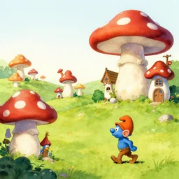fairytale landscape with mushroom houses in the style of wimmelbilder and the smurfs, a troll creature by John Bauer walking