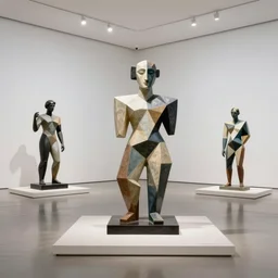 cubist shapes in a koons gallery, shiny sculptures, in a white wall museum, reflective floors, pre open,