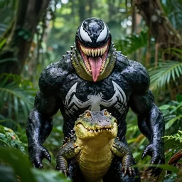 portrait of crocodile dundee marvel venom in a lush jungle, 5 0 mm lens