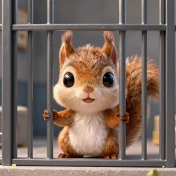 a tiny cute squirrel inside a prison cell behind bars, big eyes, cute face