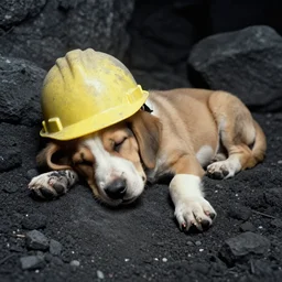 sleeping puppy wearing hard hat in dusty coal mine, photo from 1 9 9 8,