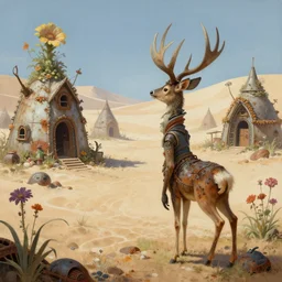 anthropomorphic doe is visiting a post - apocalyptic merchant town of flower huts in the salt dunes, matte oil painting, extreme body modification, badlands, rust, retrofutistic, science fantasy, rpg, roguelike, epic, plants, extremely detailed, sharp focus, 4 k