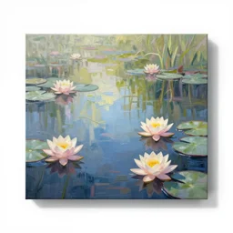 A peaceful painting that shows a pond with water lilies floating on the surface. The colors are soft and calming, and the overall effect is one of serenity and relaxation. comatesque inlay by Chantal Joffe, by Jacek Yerka, by Ross Tran