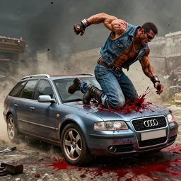mortal kombat 1 1 gameplay footage of a denim audi a 4 b 6 avant ( 2 0 0 2 ) performing a brutality by running skorpion over gruesomely, blood, gibs, blood splatter