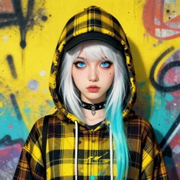 highly detailed portrait of a sewer punk lady student, blue eyes, tartan hoody, hat, white hair by atey ghailan, by greg tocchini, by kaethe butcher, gradient yellow, black, brown and cyan color scheme, grunge aesthetic!!! ( ( graffiti tag wall flat colour background ) )