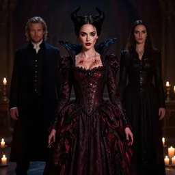 megan fox witch queen, black eyes, blood, full body, intricate victorian dress, middle shot, cinematic lighting, symmetrical eyes, rafael albuquerque, charlie bowater, moody lighting, candles