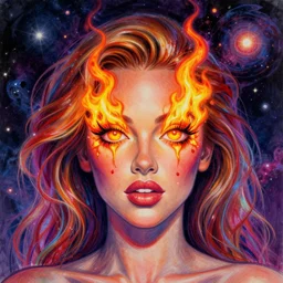 a sketch, ultra detailed, colorful, magic, cosmos, beautiful woman, eyes with fire, similar to jennifer laurence lick chupa chups, surreal, in style of jean - michel basquiat, trending on artstation