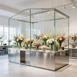 flower shop design by white science labotory, made of stainless steel and glass