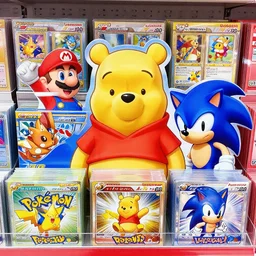 photograph of winnie the pooh and super mario and sonic the hedgehog anime style, on pokemon card packs at target
