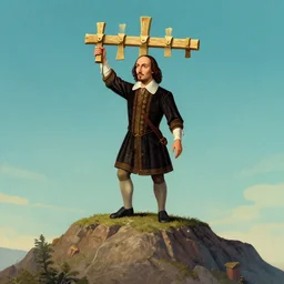 shakespeare holding the ten commandments on top of a mountain, digital art