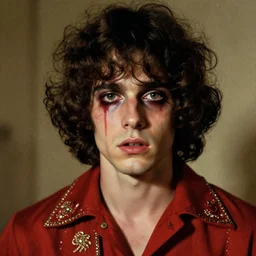 a beautiful but sinister young man in layers of fear, with haunted eyes and curly hair, 1 9 7 0 s, seventies, delicate embellishments, a little blood, crimson, painterly, offset printing technique, mary jane ansell