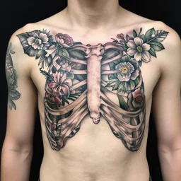 a tattoo of ribs covered in flowers and plants