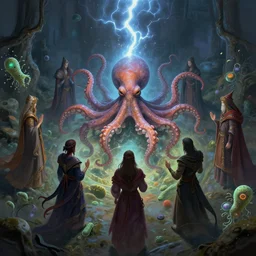 mages in circle summoning an evil octopus beast. lighting, flux, bacteria. fantasy, digital painting, hd, highly detailed.