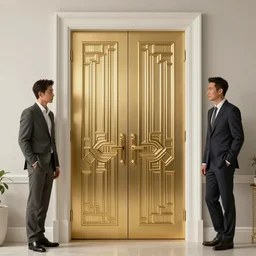 a gold and white art - deco double door greg rutkowski and jason chan highly detailed, cinematic lighting, octane render, unreal engine lumen, very coherent. cinematic, hyper realism, high detail, octane render, 8 k