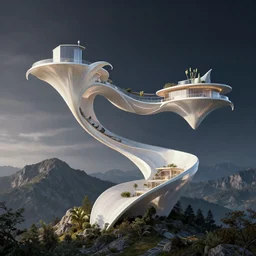 biotech architecture in the form of a mobius strip on a mountain landscape, parts of the house hang as consoles in the form of lily petals, octane render, studio lighting, 8k, hd
