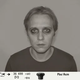 a trail camera photograph of a person looking straight at the camera, creepy