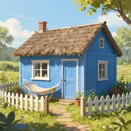 blue cottage exterior with a hammock and a fenced garden, sunny, cottagecore, rustic, cozy, solarpunk concept art, trending on artstation
