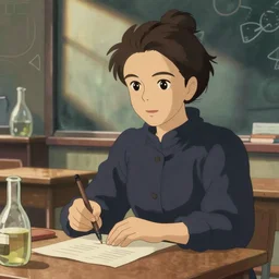 marie curie chemistry class, detailed illustration by studio ghibli