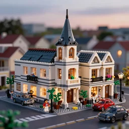 miniature lego town, highly detailed, photo realistic, depth of field, dusk