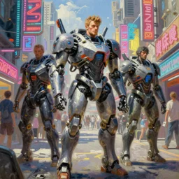 market in japan, cyberpunk style with mecha humans, bright neon signs, sunny weather, tim hildebrandt, wayne barlowe, bruce pennington, donato giancola, larry elmore, oil on canvas, masterpiece, trending on artstation, featured on pixiv, cinematic composition, hyper - detailed, hd, hdr, 4 k, 8 k