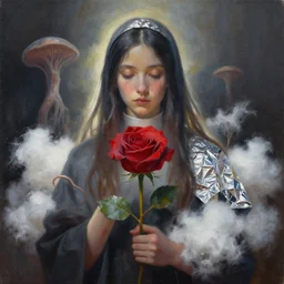 priestess of roses, mycelium, tinfoil and cotton wadding. gouache painting by award - winning concept artist. backlighting, chiaroscuro, depth of field.