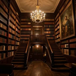 a library is half gloomy and half warm, with beautiful chandeliers, elegant stairs and oil painting style