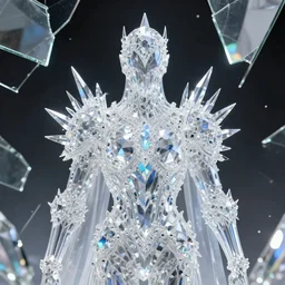 clear diamond knight, glass organs, prism spikes, made of crystal, broken mirrors, holographic light, intricate, ornate, souls, cinematic lighting, black hole battle scene, 8 k, vray render, dirty, defeat, photography style of tim hetherington