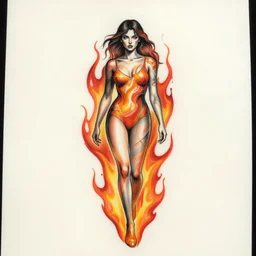 tattoo sketch of a woman walking through flames, abstract, vibrant, color, amazing detail, in the style of john boy tattoo, award winning