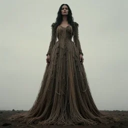 dark and moody 1 9 8 0's artistic color spaghetti western film, a giant tall huge woman in an extremely long dress made out of waterfalls, standing inside a green mossy irish rocky scenic landscape, huge waterfall, volumetric lighting, backlit, atmospheric, fog, extremely windy, soft focus, by ansel adams and wes anderson