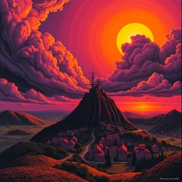 black, orange, purple, water melon, large village, clouds, wide shot, army of satan, sun come up, lucid, symetric, dreamistic, fluxication, volumetric lighting, near the beach, big trees by mc escher, colorized by salvador ross gogh